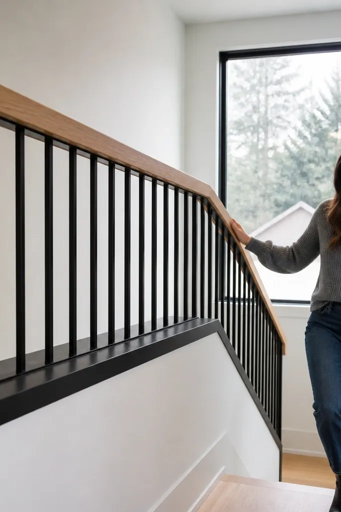 Oak handrail over a matte black half wall cap and slim black balusters