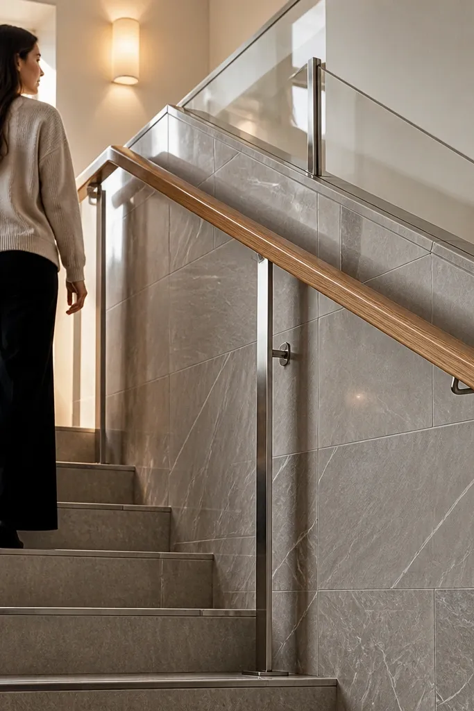 Stone-look half wall with brushed steel posts and a warm wood handrail