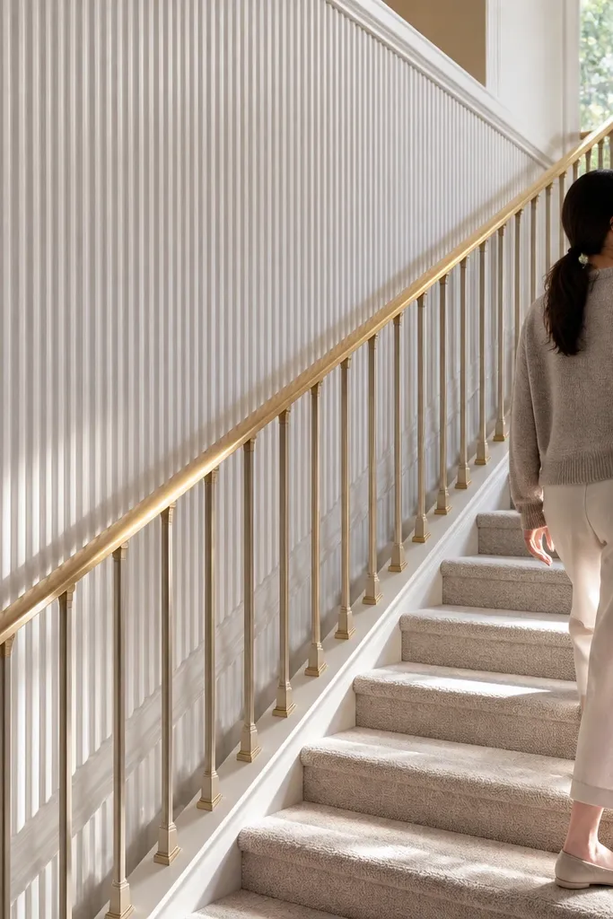 White fluted half wall panels with satin brass handrail and gold-toned balusters