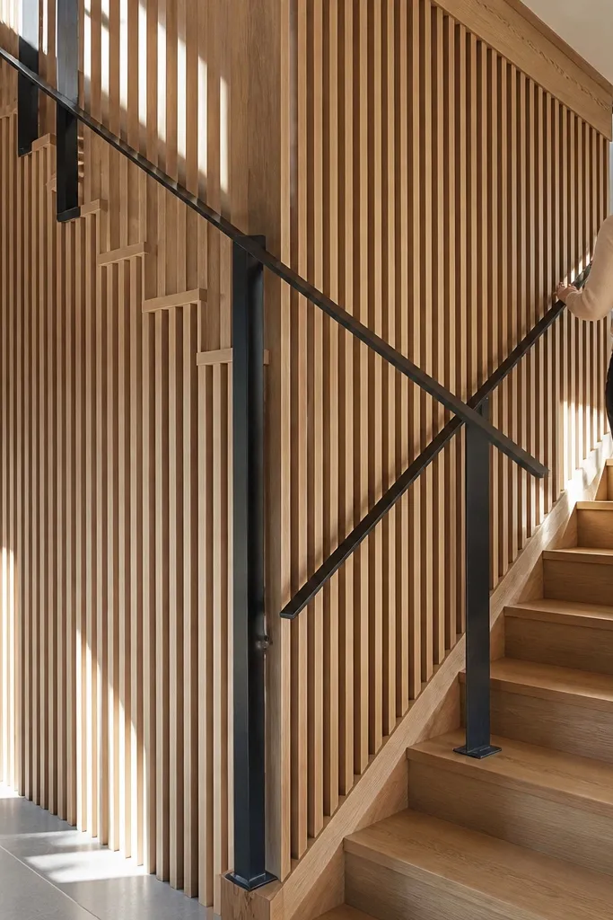 Vertical wood slat half wall with blackened steel posts and a dark handrail