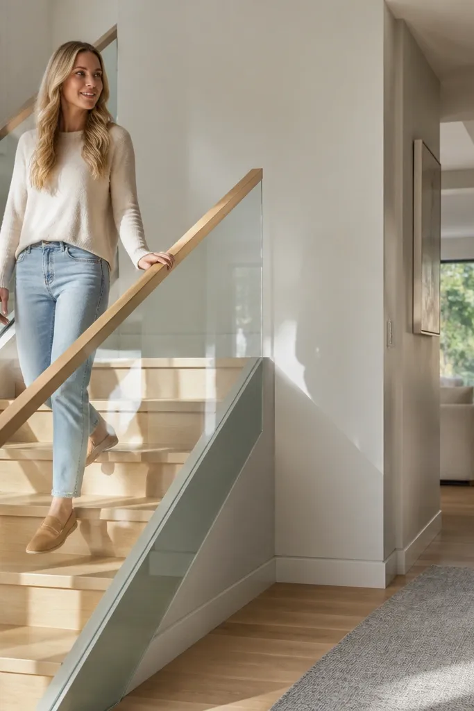 Clear glass half wall with warm wood handrail and minimal metal balusters