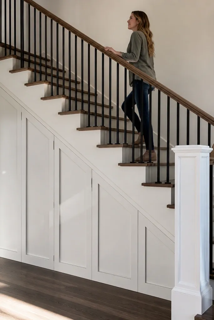 White shaker half wall with a raised top rail and simple dark balusters