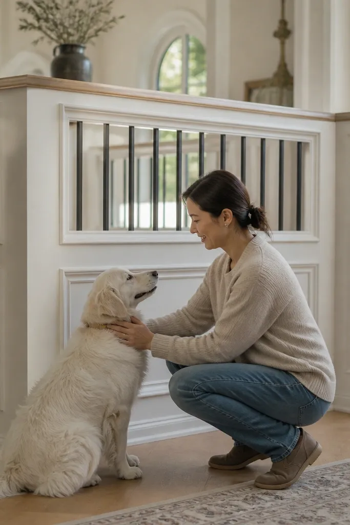 White half wall with picture-frame trim and slim black balusters