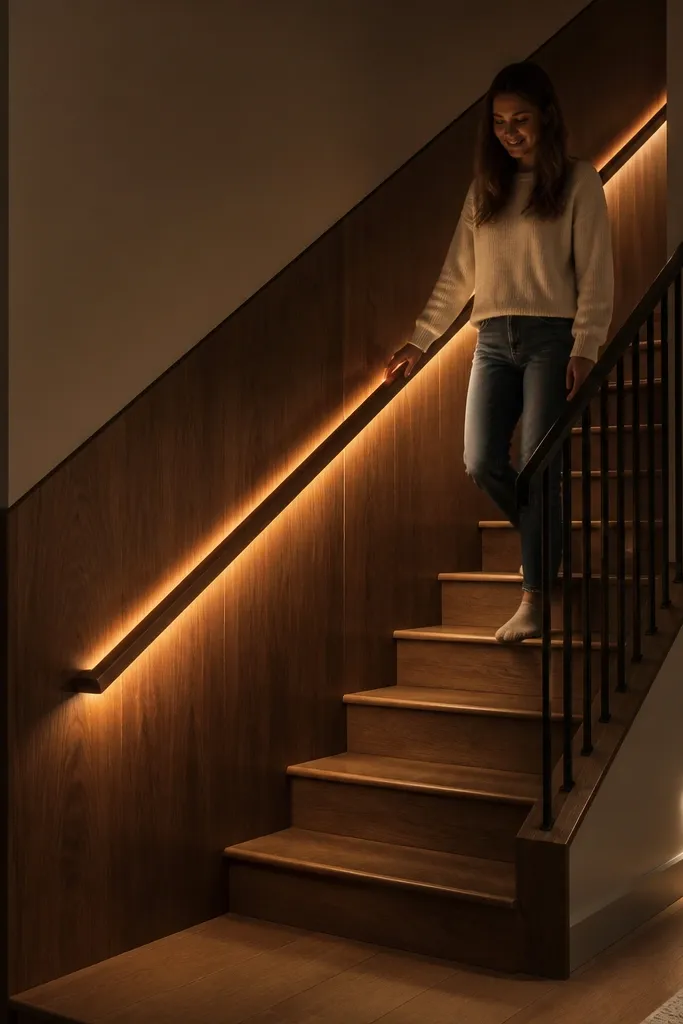 Walnut half wall with a hidden LED glow under the handrail top cap