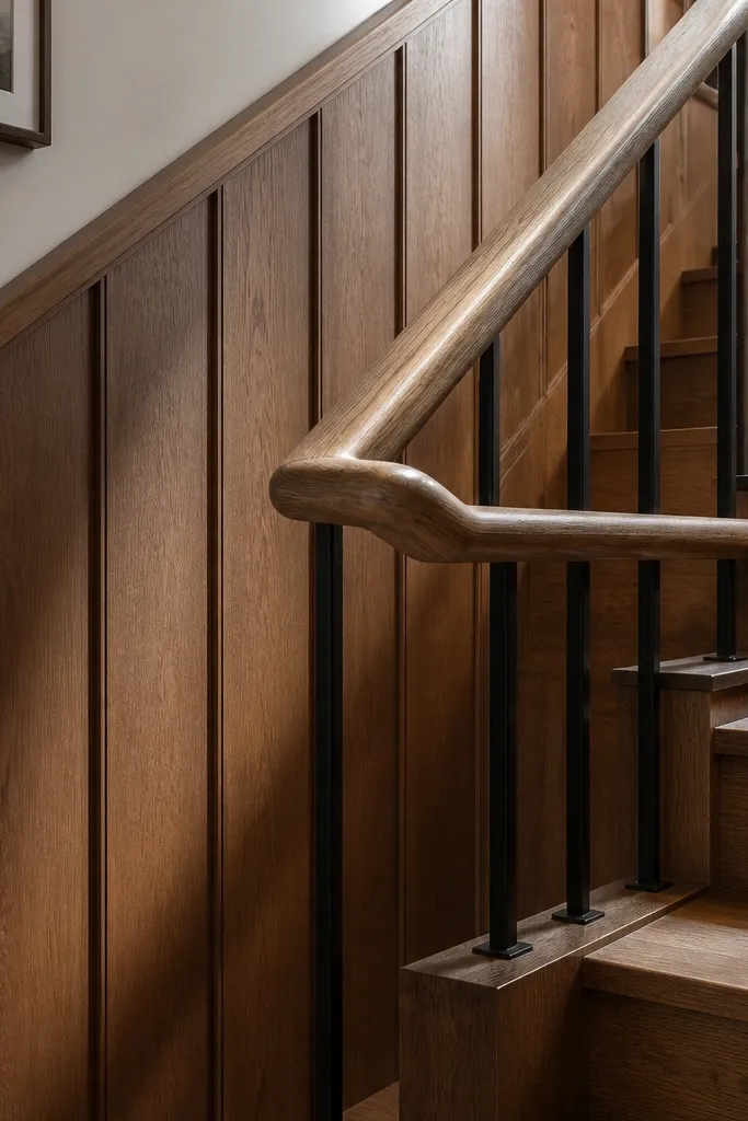 Routed wood half wall with carved panel lines and black metal balusters
