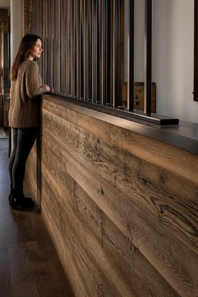 Reclaimed wood half wall with a modern metal cap and dark metal balusters