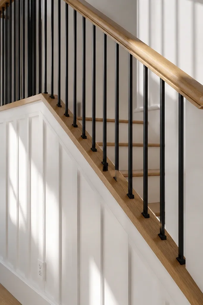 Board-and-batten half wall with thick oak top rail and black balusters