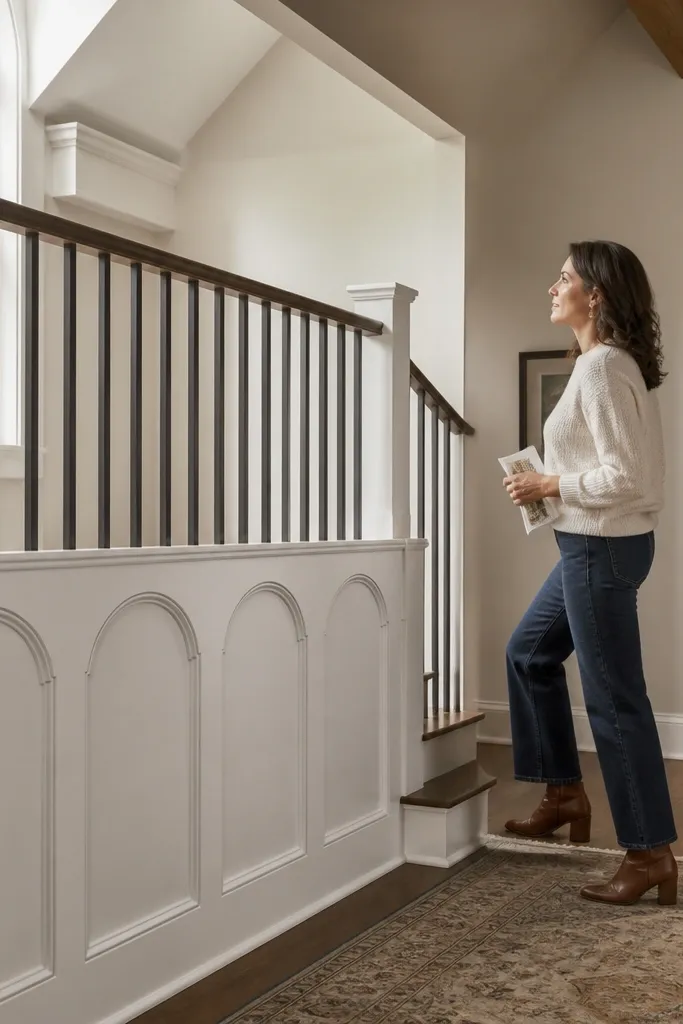 Half wall with arched trim detail and straight dark balusters under a wood handrail