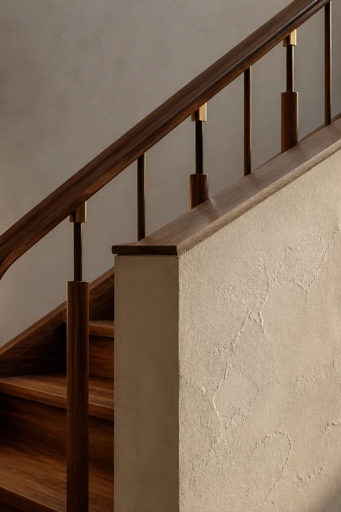 Textured plaster half wall with walnut handrail and bronze metal baluster caps