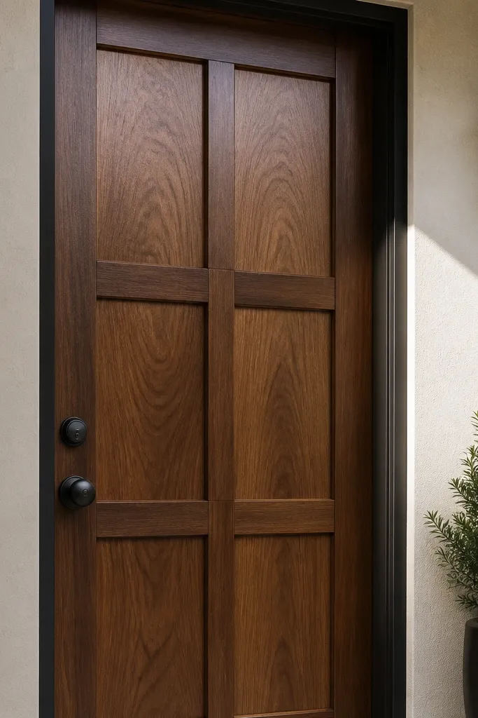 Dark walnut-stained door with three horizontal rails and a clean grid of panels