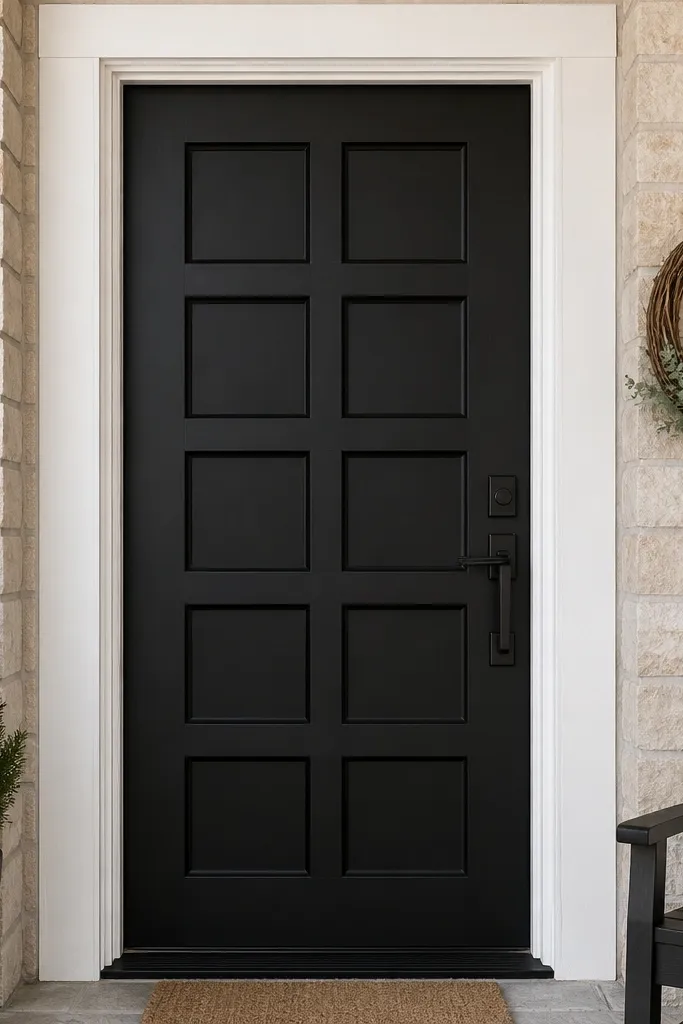 Matte black door with recessed square shaker panels