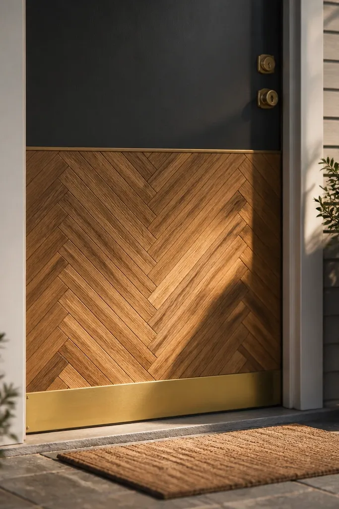 Wood door with herringbone pattern panel on the lower half