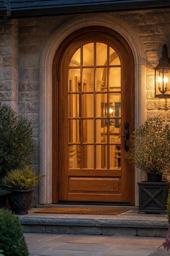 Warm oak arched door with divided glass panes
