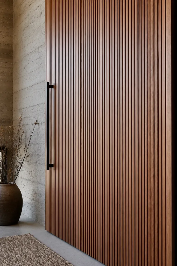 Door with evenly spaced vertical reeded wood grooves