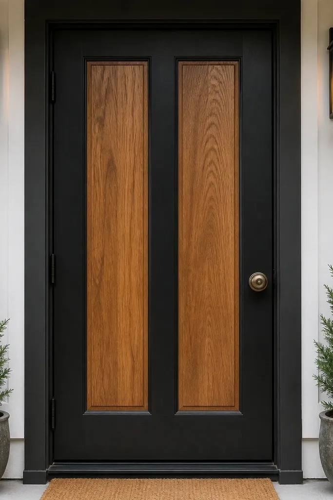 Two-tone door with black outer frame and warm wood panel center