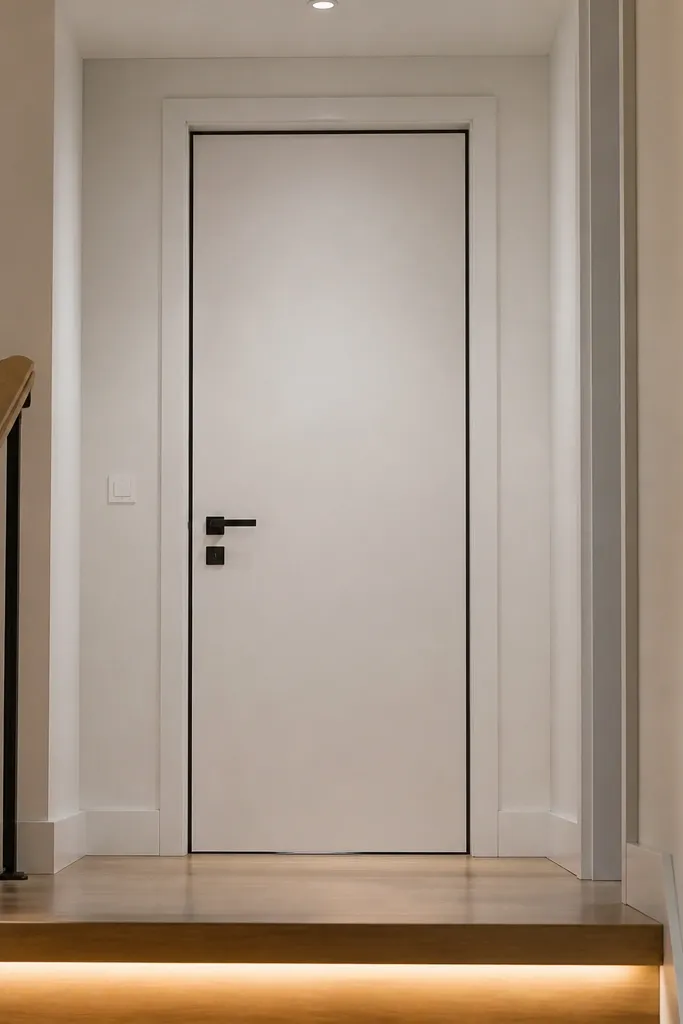Simple wood slab door with a deep recessed frame outline