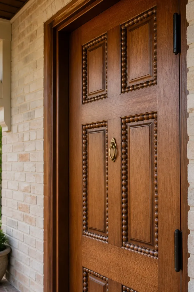 Wood door with raised beaded trim panels and satin clear finish