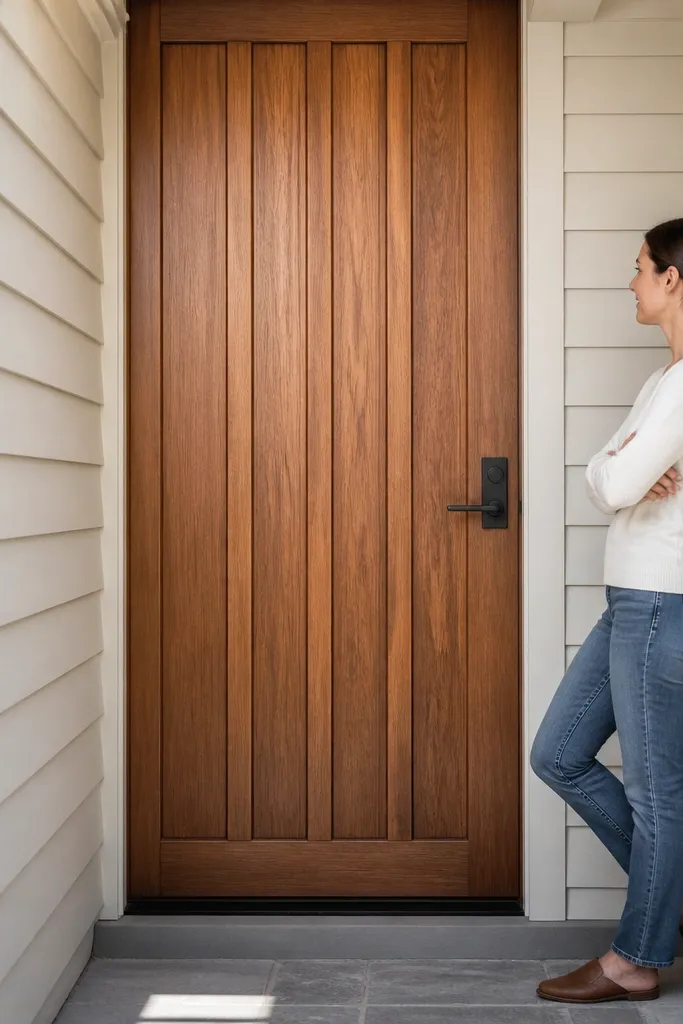 Cedar board-and-batten door with vertical battens and warm stain