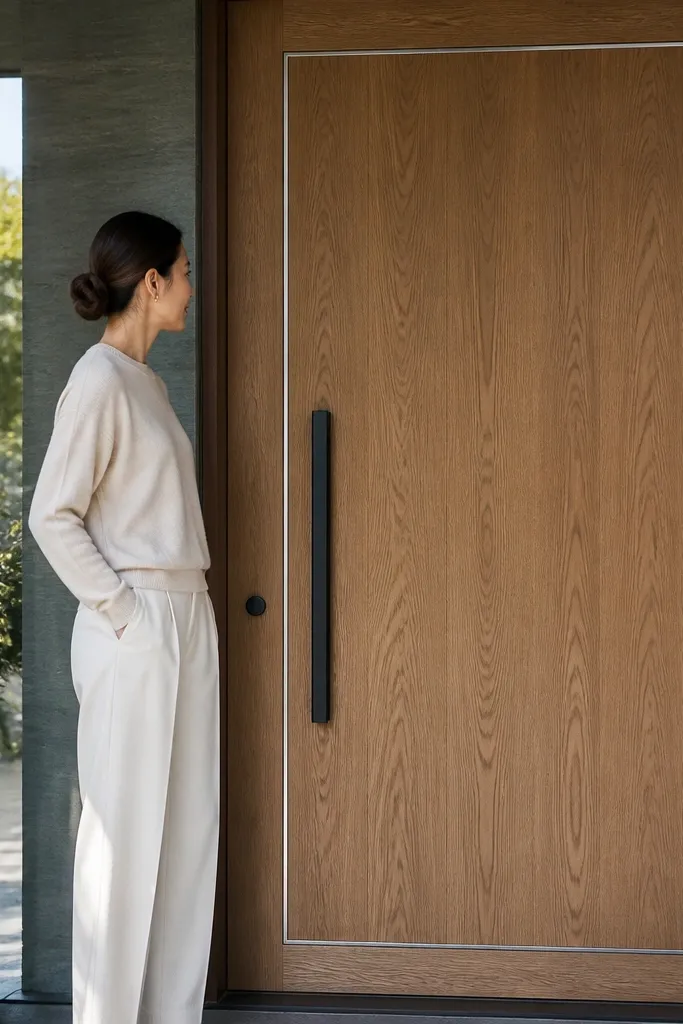 Oak veneer flat door with a thin brushed metal border strip