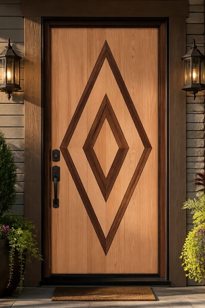 Door with geometric diamond inlay pattern centered on the panel