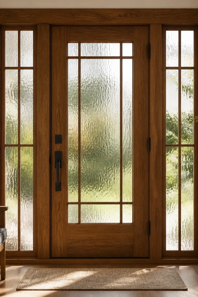 Wood door with two vertical glass panels and matching wood mullions
