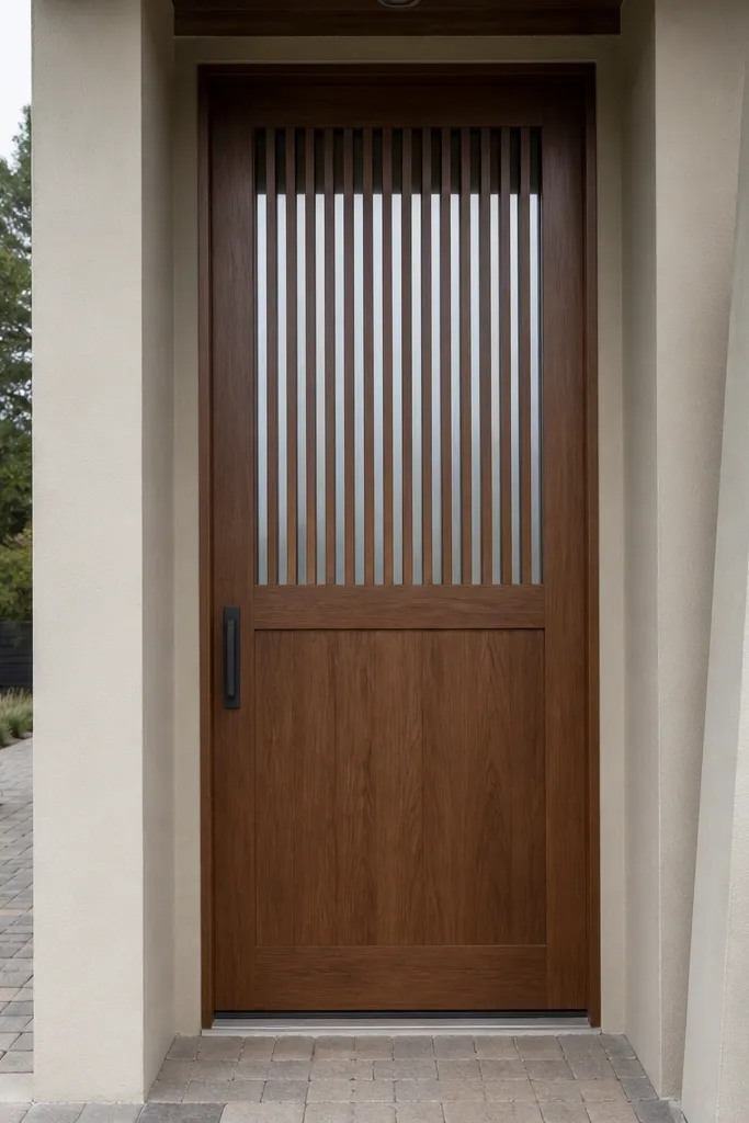 Walnut door with vertical slats on top half and solid panel bottom