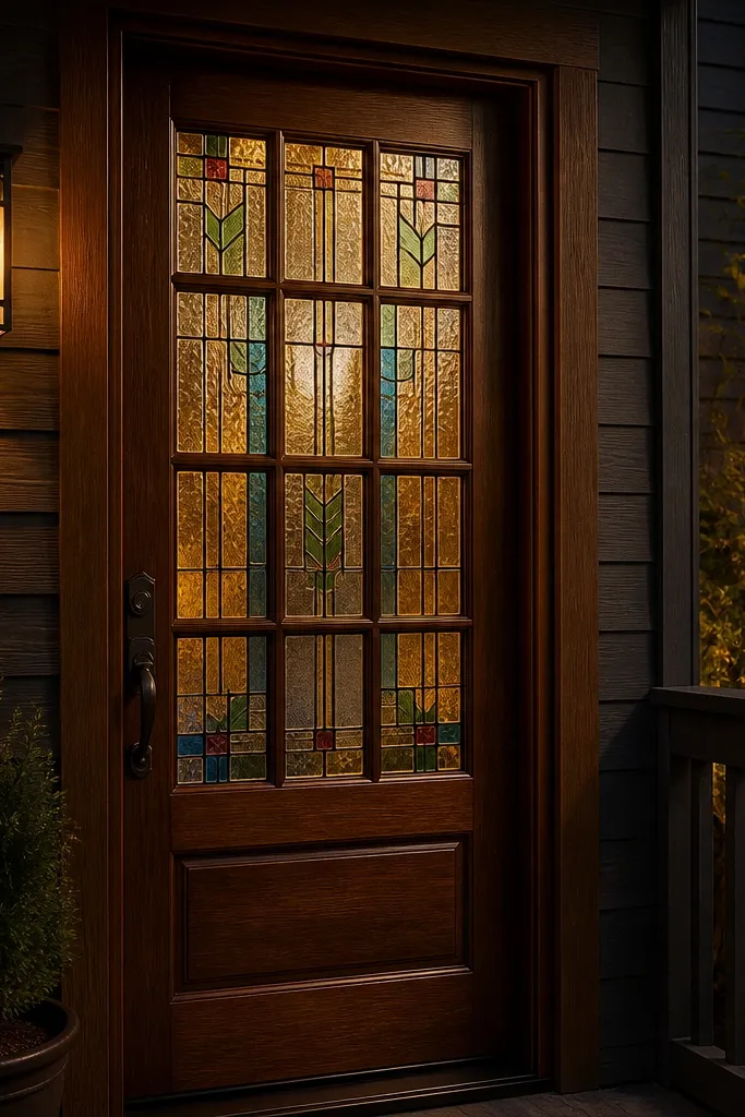 Wood door with stained glass grid and warm wood mullions