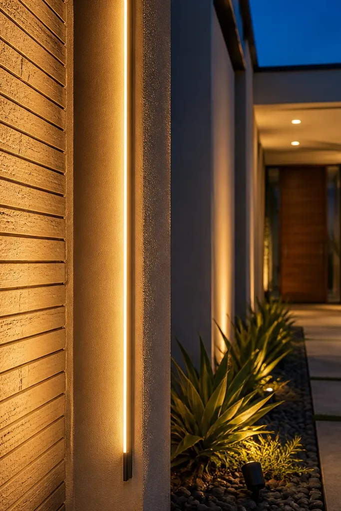 Black LED linear light washes a narrow entry recess under a modern door