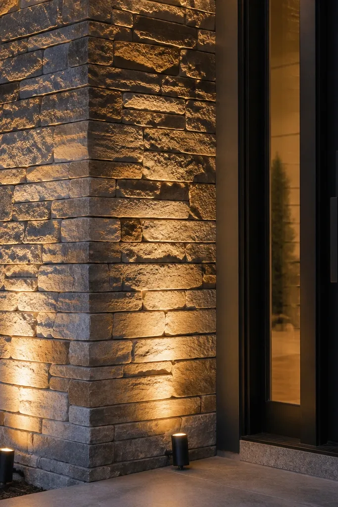 Two small uplights graze a stacked stone column with warm light