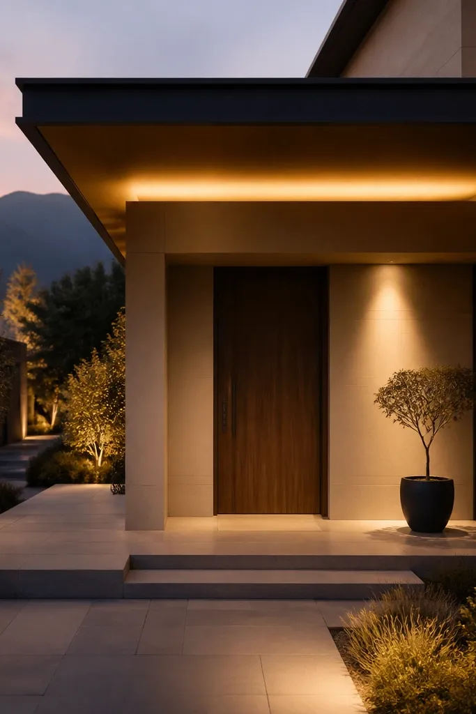 Warm wall washer lights wash a modern porch ceiling soffit evenly