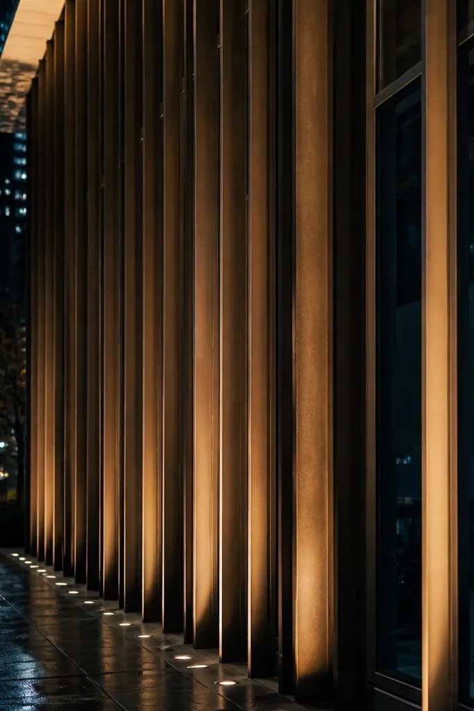 Two narrow beam spotlights highlight vertical metal fins on a modern facade