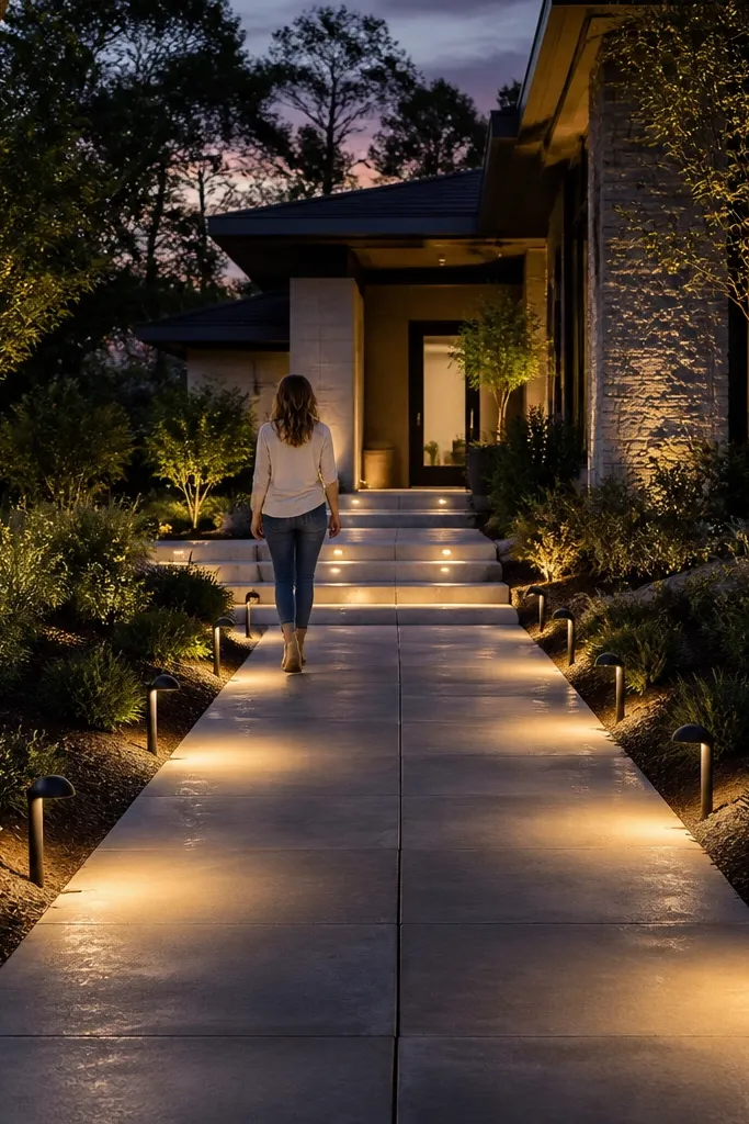 Matching path lights guide a walkway beside a modern wall