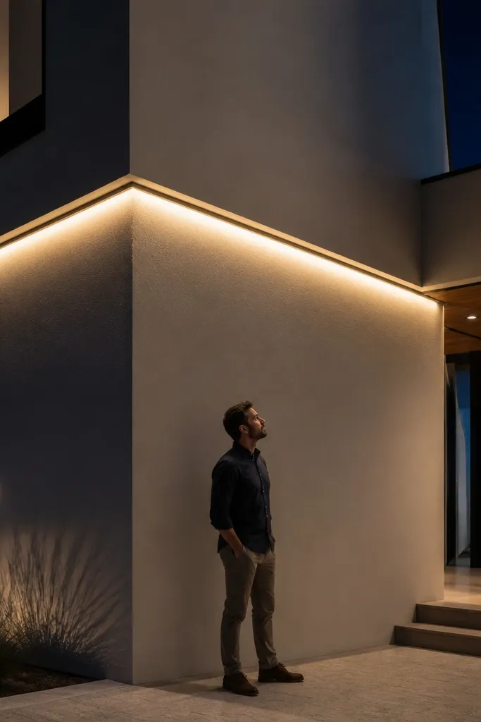 Hidden LED channel in a horizontal band glows across the facade