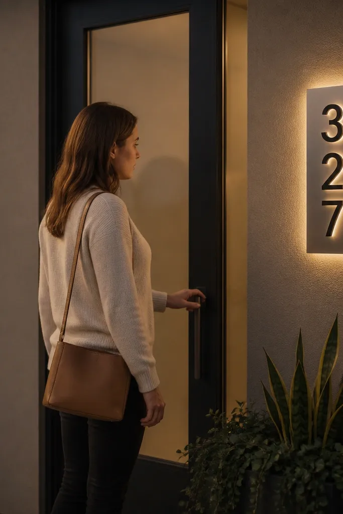 Brushed metal house numbers glow softly on a dark modern wall