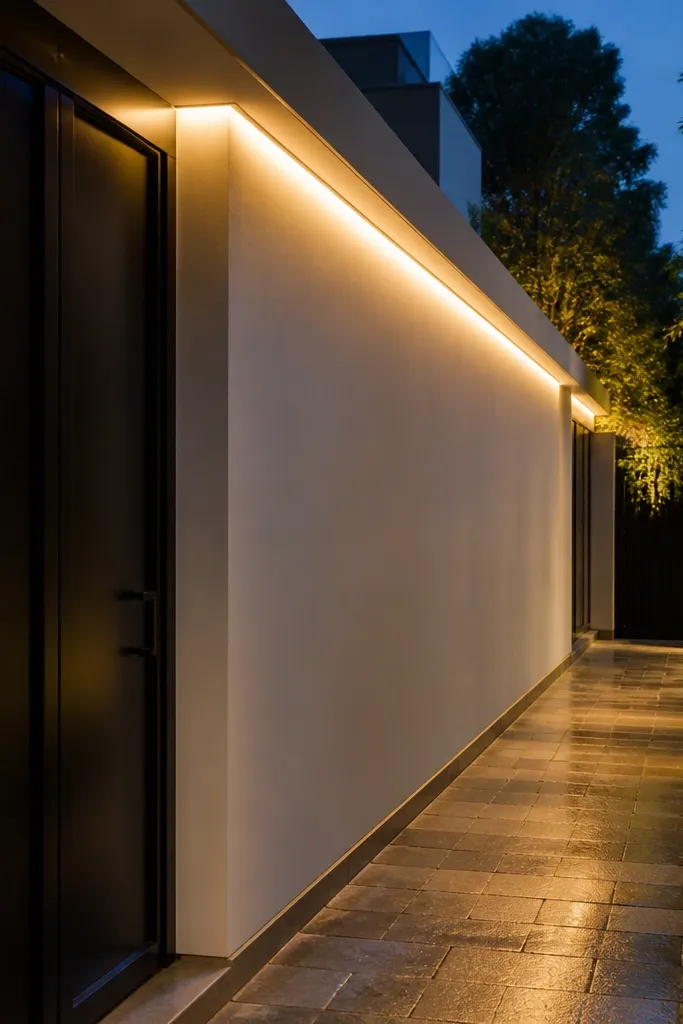Warm light washes a modern gate wall from a hidden strip under the top