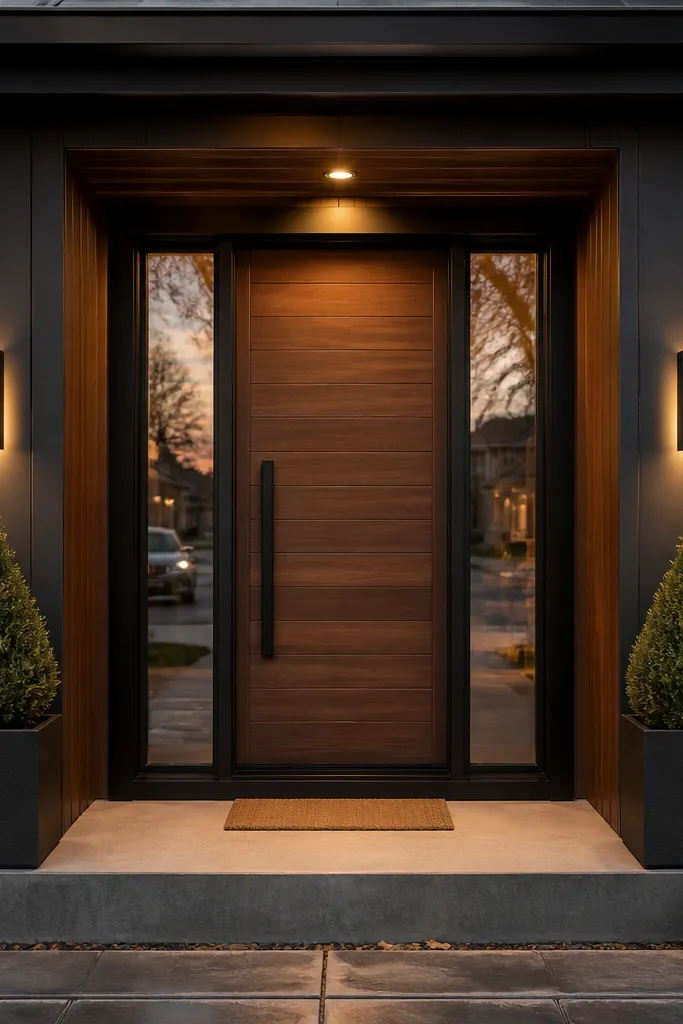 Two matte black linear sconces flank a modern front door with warm light