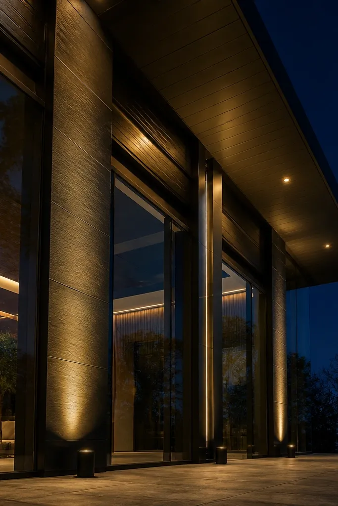 Tall uplights create soft vertical glow near a glass panel and cantilever
