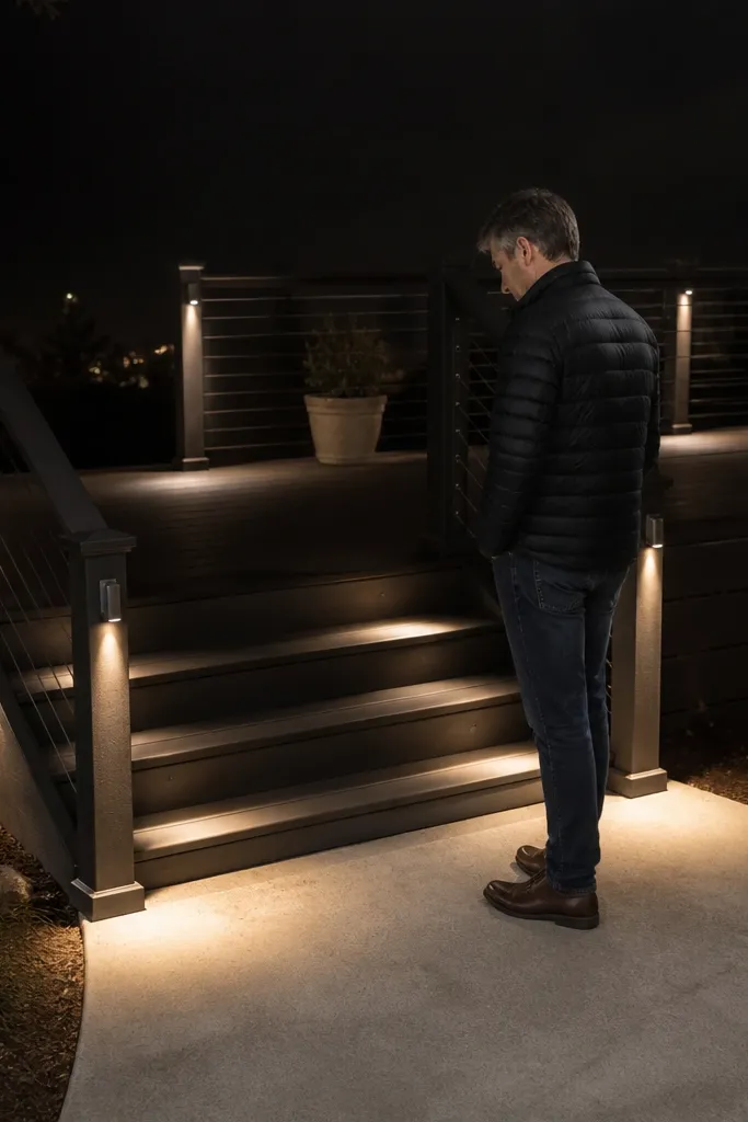 Downlights under a modern deck railing create a clean line on the ground
