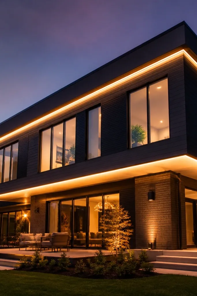 Soft glow under an upper overhang frames the facade edges