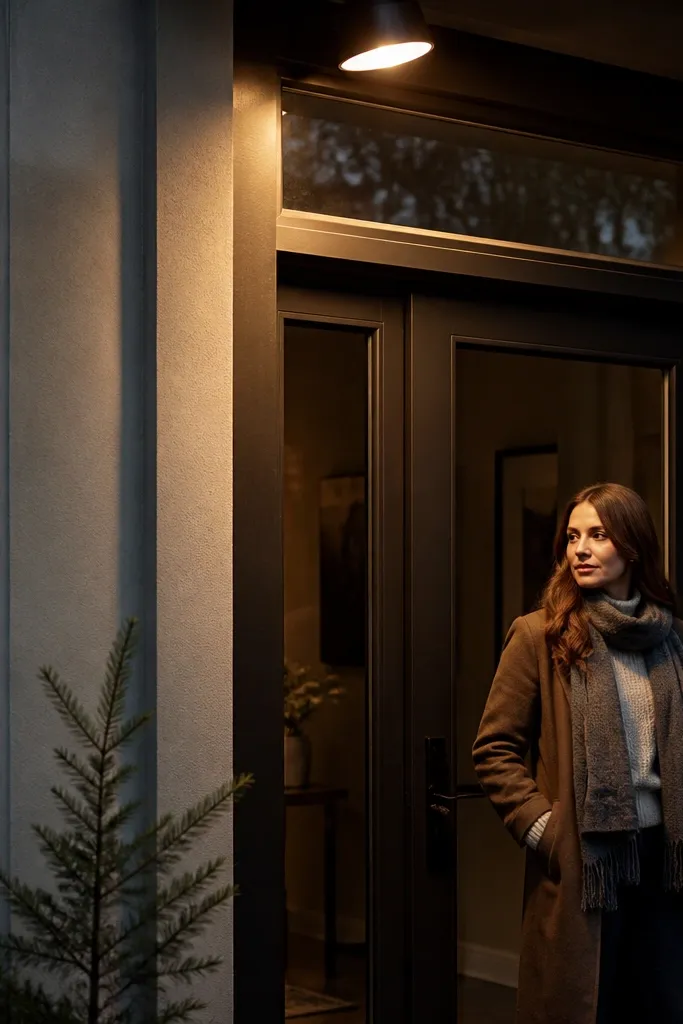 A warm grazing light under a transom illuminates a glass door panel