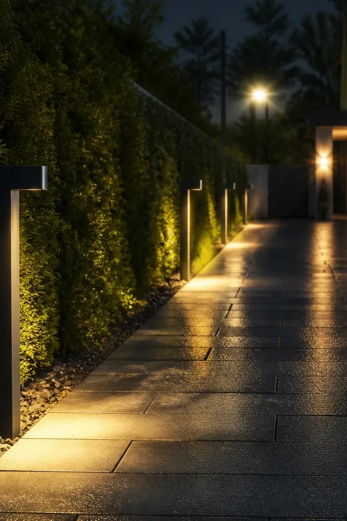 Warm downlights along a driveway edge create a clean guiding line