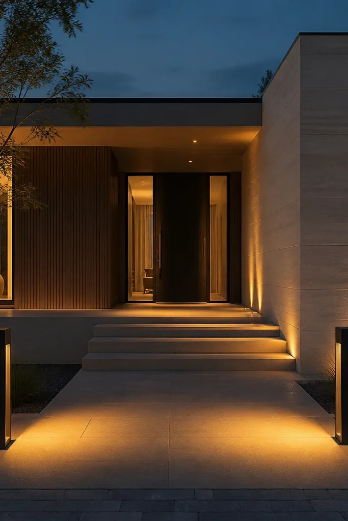 Black bollard lights with shielded glow define the walkway edge