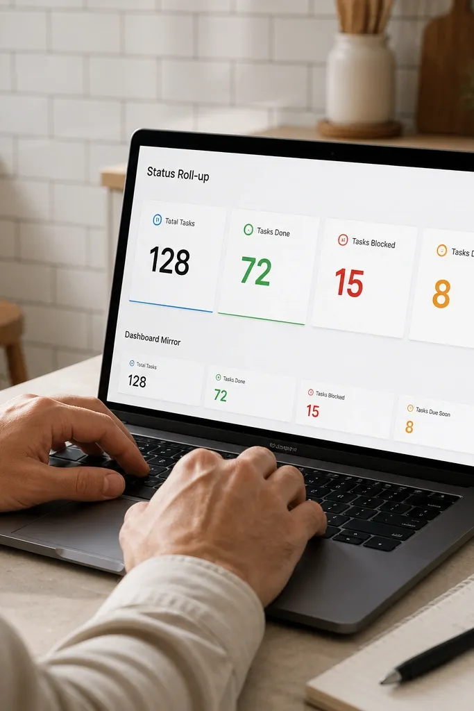 Notion cards showing roll-up counts for tasks by status