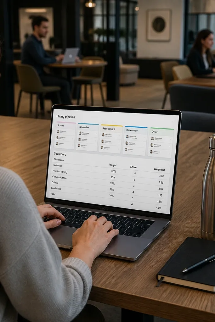 Notion hiring pipeline with stage cards and a scorecard table