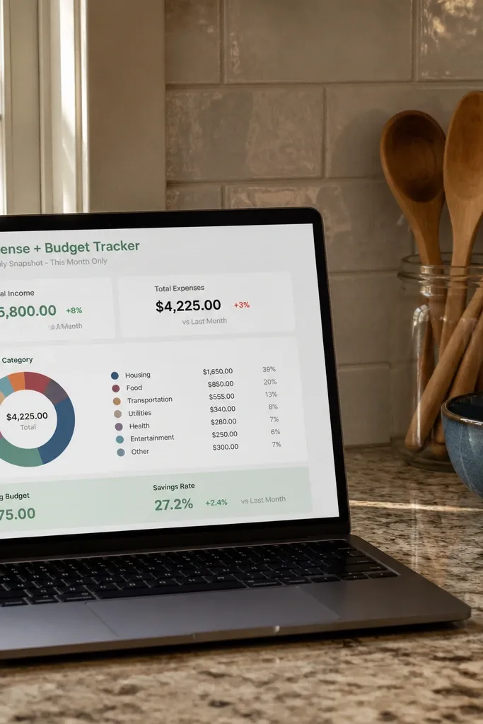 Notion budget dashboard with monthly totals and category chips