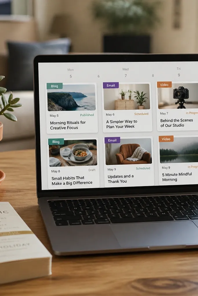 Notion content calendar with card thumbnails, dates, and status