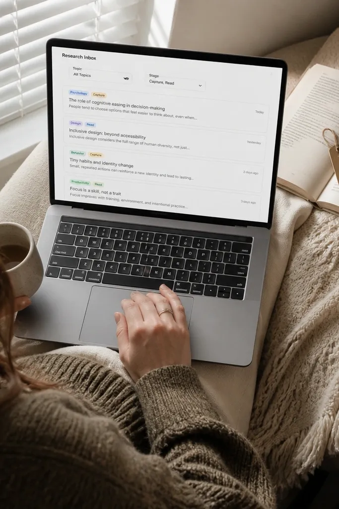 Notion research inbox with tags and a compact triage table