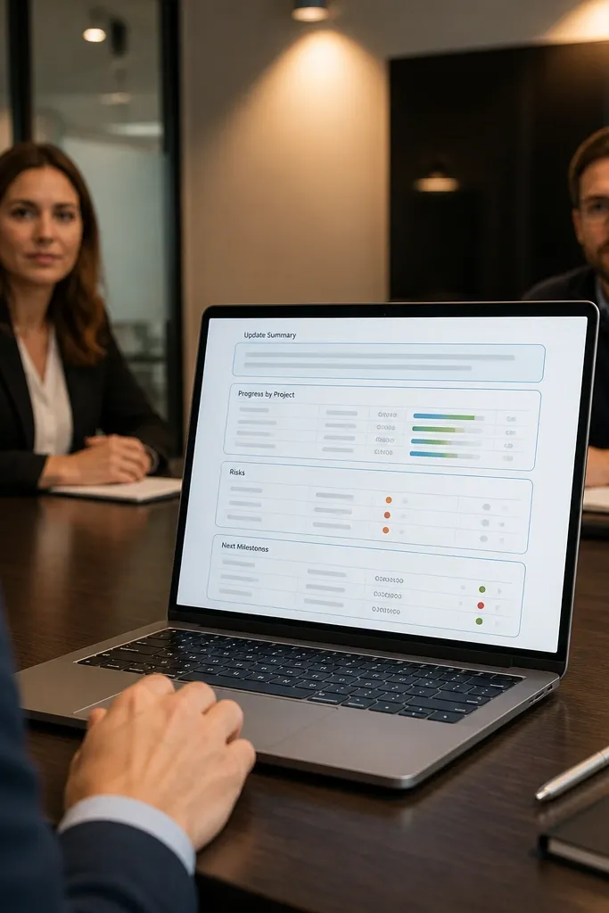 Notion stakeholder status page with one narrative callout and three linked tables