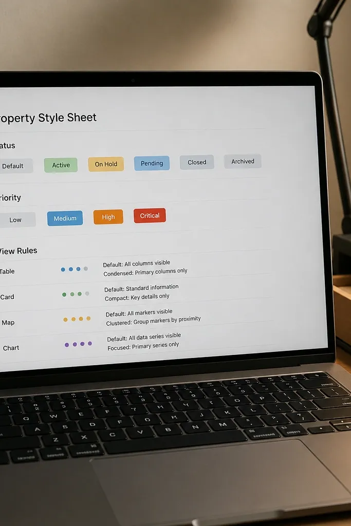 Notion page showing a property style guide with status colors and view rules