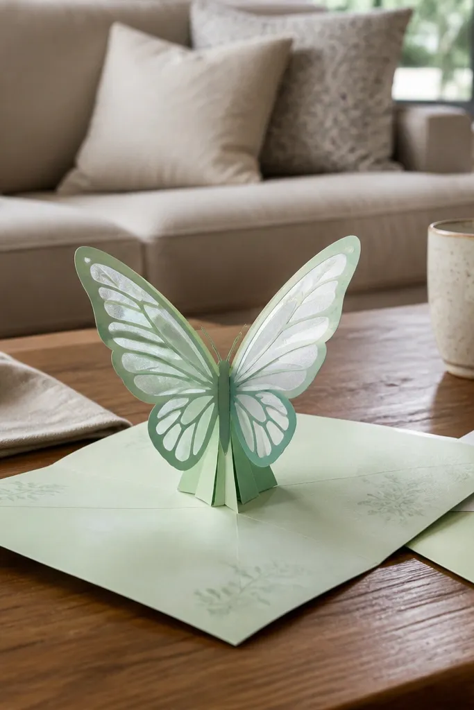 Butterfly that pops up from a folded card with raised wings